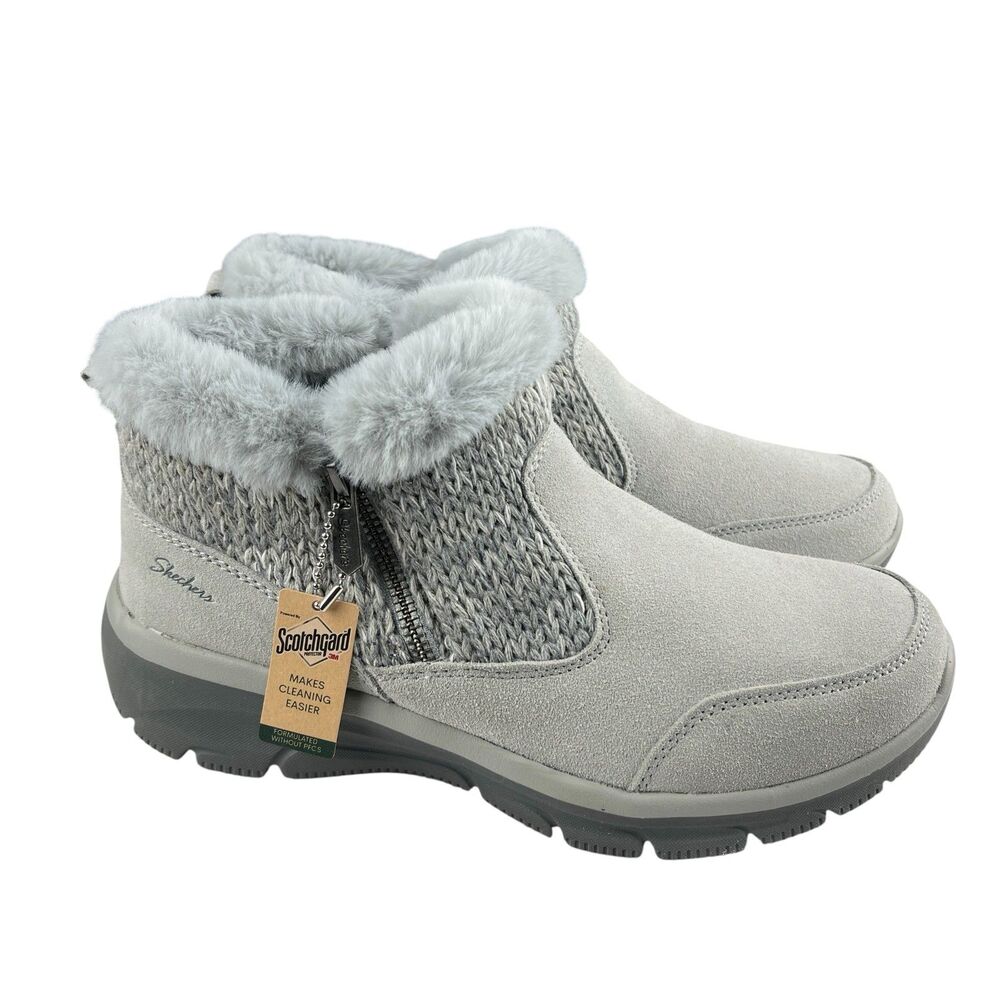 Skechers Women’s Ankle Booties 9 Gray Suede Faux Fur Memory Foam Comfort Boots